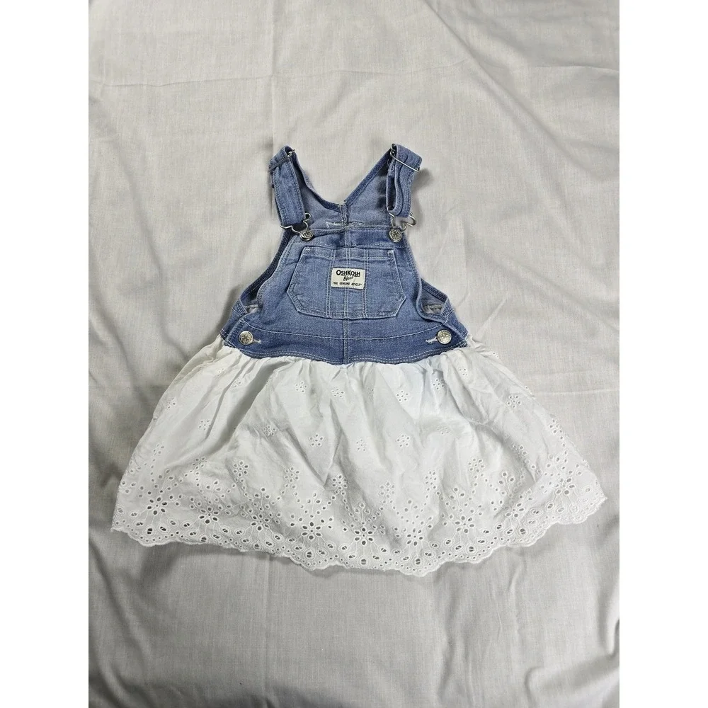 OshKosh B'gosh Denim‎ Overall Dress Girls 18 Months Blue White Eyelet Skirt